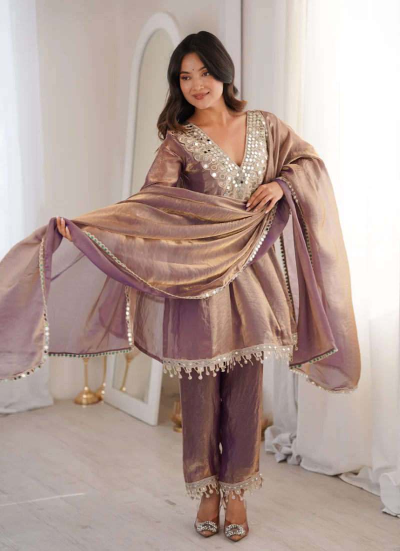 Attractive Fendi Silk Real Mirror Work Purple Party Wear Pant Suit Set - Image 4