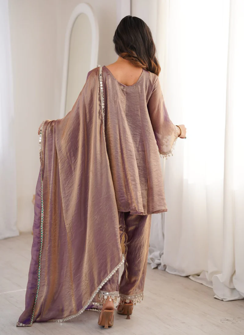 Attractive Fendi Silk Real Mirror Work Purple Party Wear Pant Suit Set - Image 6