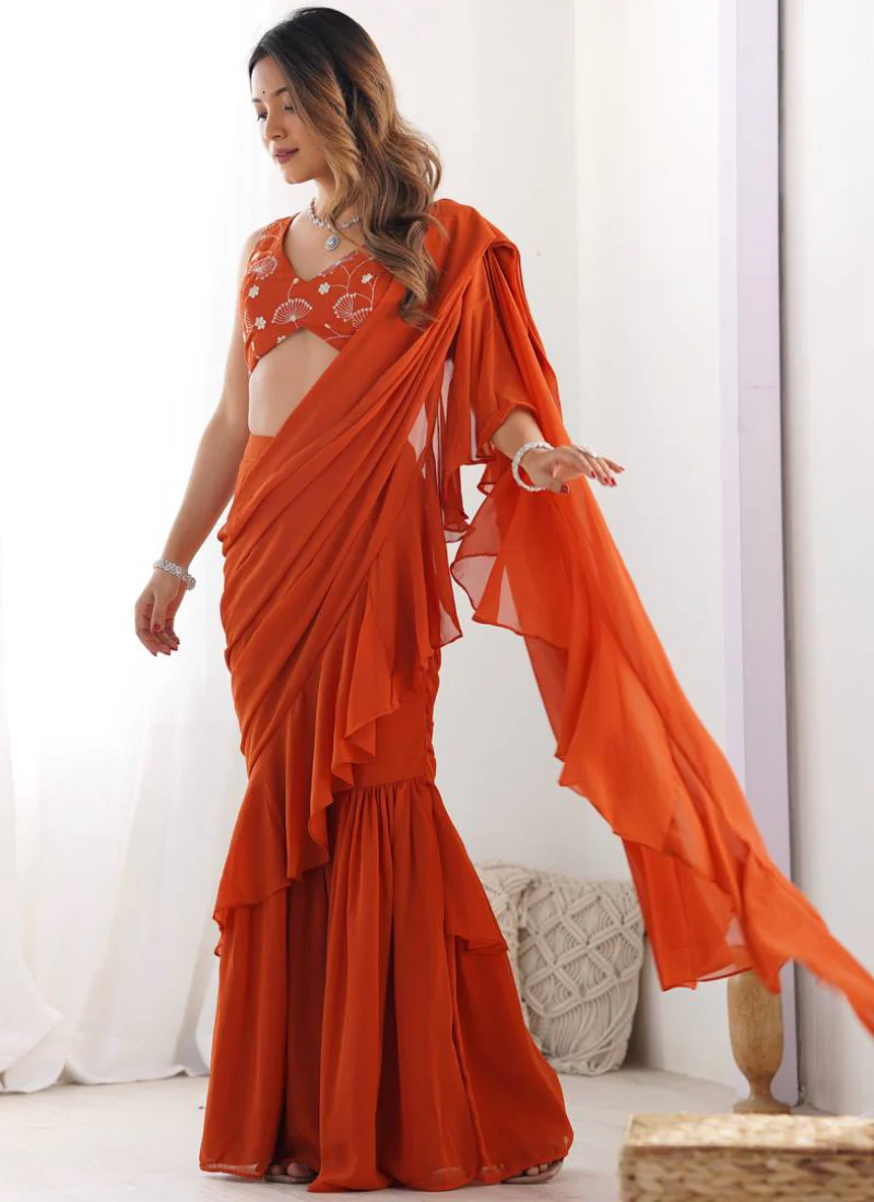 Attractive Zari Work Blouse With Georgette Orange Plain Sharara Saree - Image 3