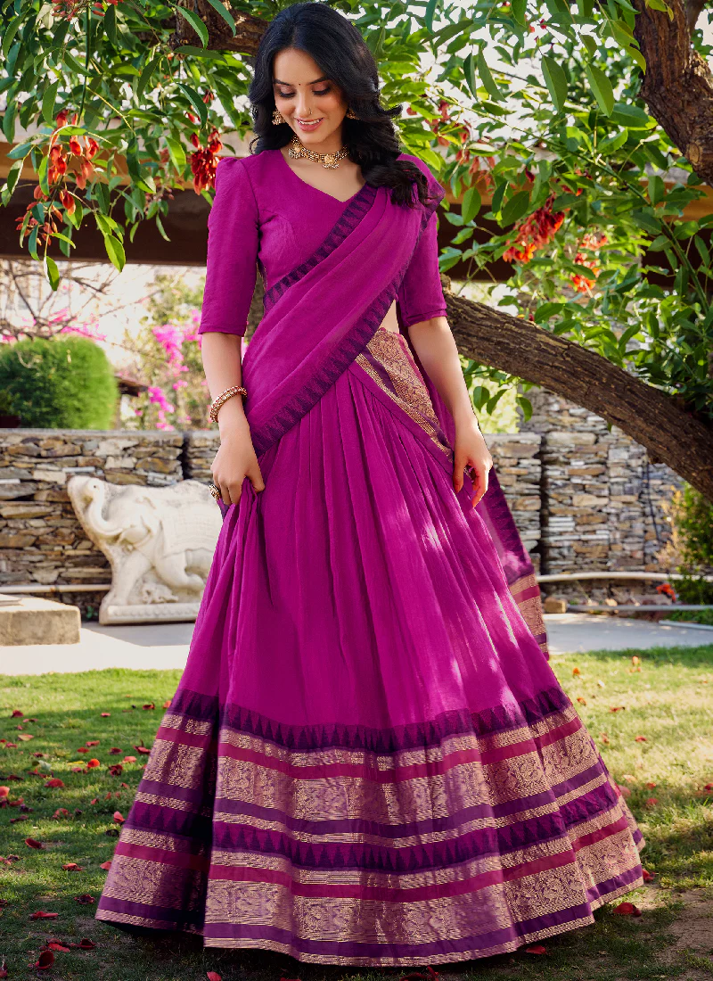 Classic Pink Pure Chanderi Silk Zari Weaving Lehenga Choli For Wedding - Image 3