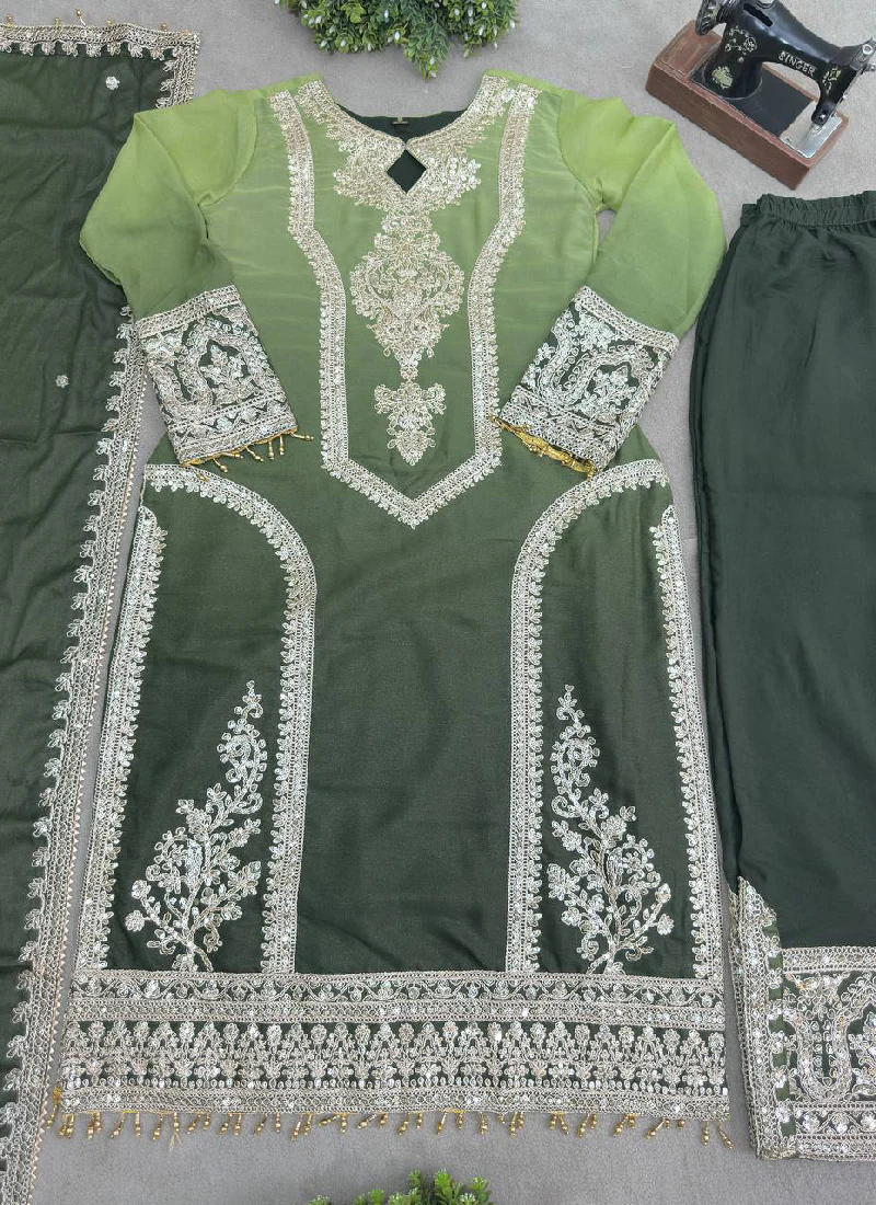 Coding Embroidery Work Georgette Parrot Green Pakistani Salwar Suit - Image 6