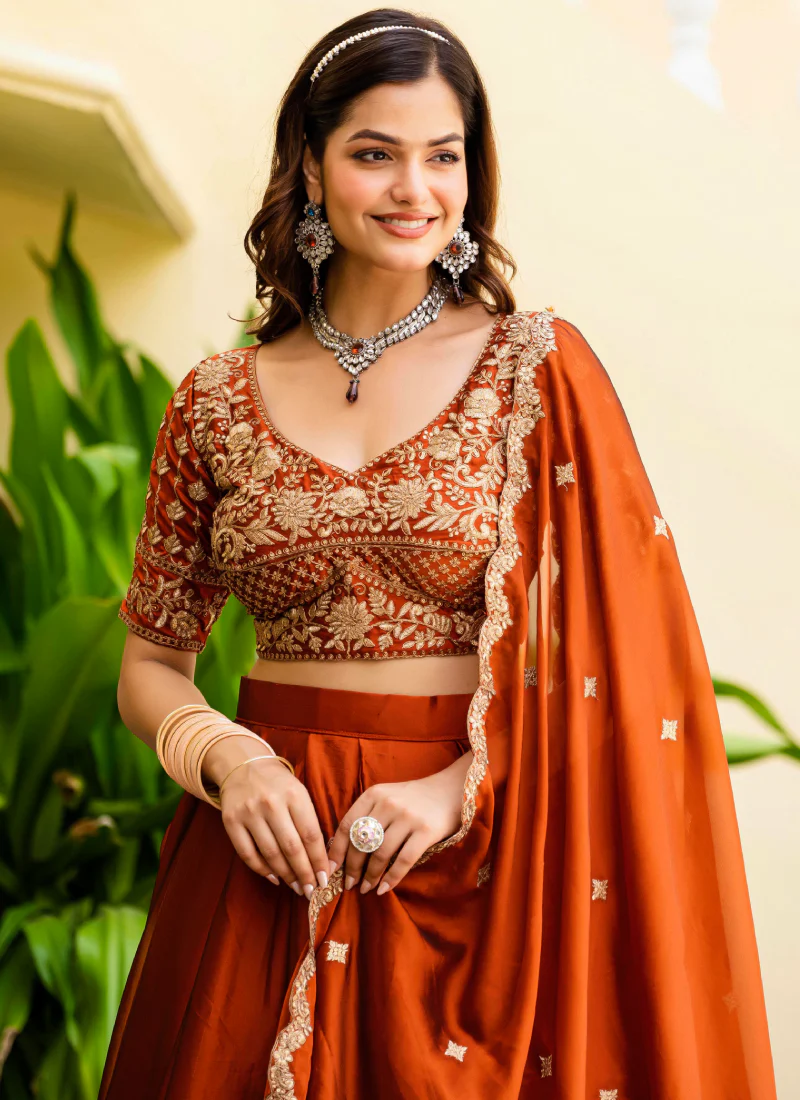 Dainty Zari Embroidered Work Orange Silk Lehenga Choli Set For Women - Image 12