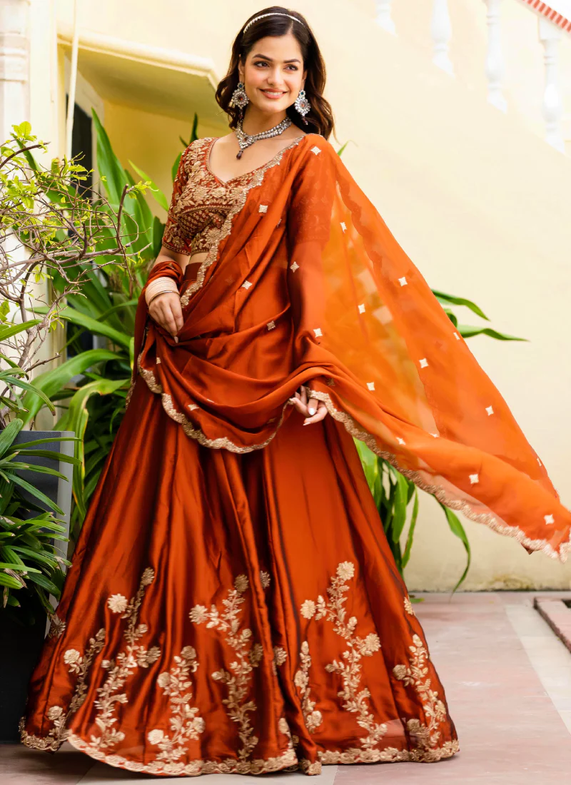 Dainty Zari Embroidered Work Orange Silk Lehenga Choli Set For Women - Image 3