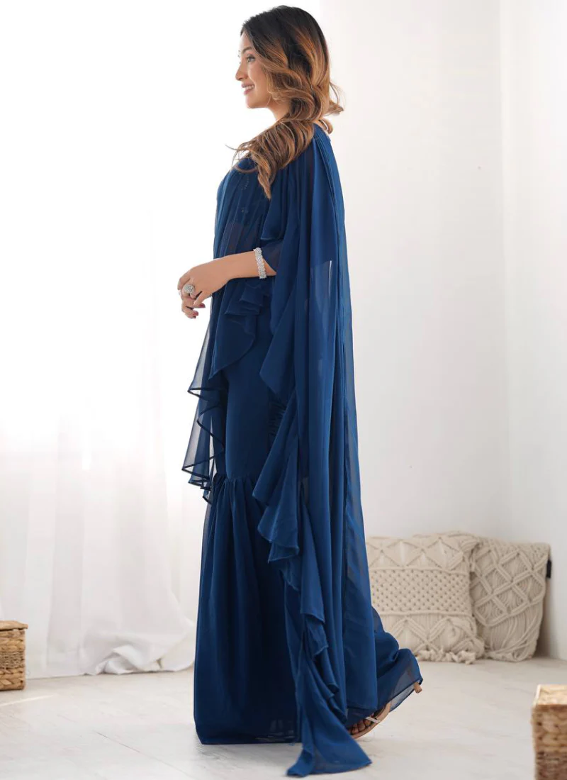 Designer Navy Blue Georgette Sharara Saree With Sequence Work Blouse - Image 7