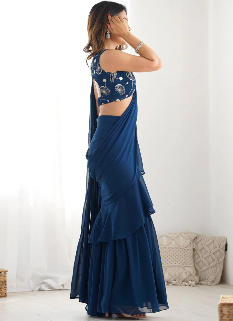 Designer Navy Blue Georgette Sharara Saree With Sequence Work Blouse - Image 8