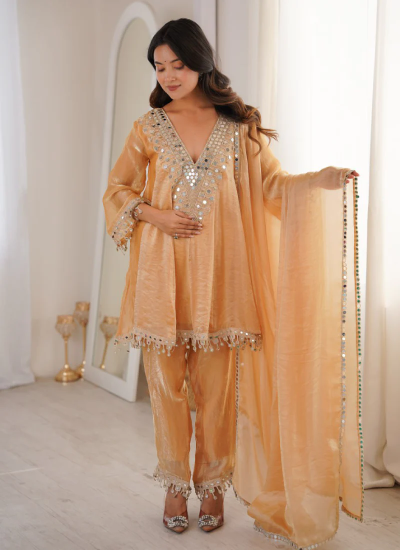 Designer Real Mirror Work Cream Fendi Silk Salwar Kameez For Women - Image 5