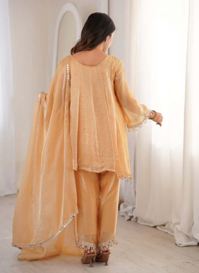 Designer Real Mirror Work Cream Fendi Silk Salwar Kameez For Women - Image 6