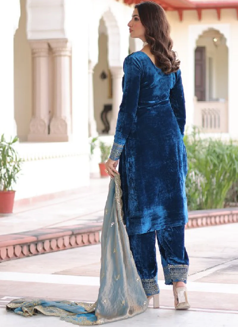Designer Sequence Embroidered Velvet Blue Pant Kurti With Dupatta Set - Image 12