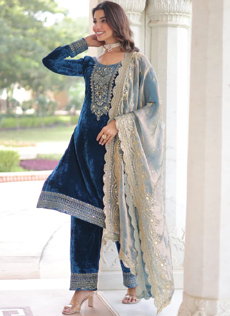 Designer Sequence Embroidered Velvet Blue Pant Kurti With Dupatta Set - Image 8