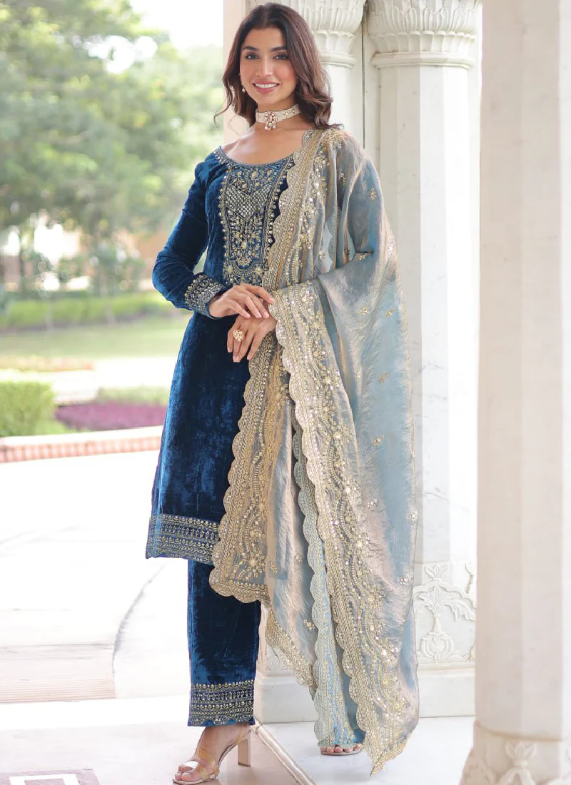 Designer Sequence Embroidered Velvet Blue Pant Kurti With Dupatta Set - Image 9