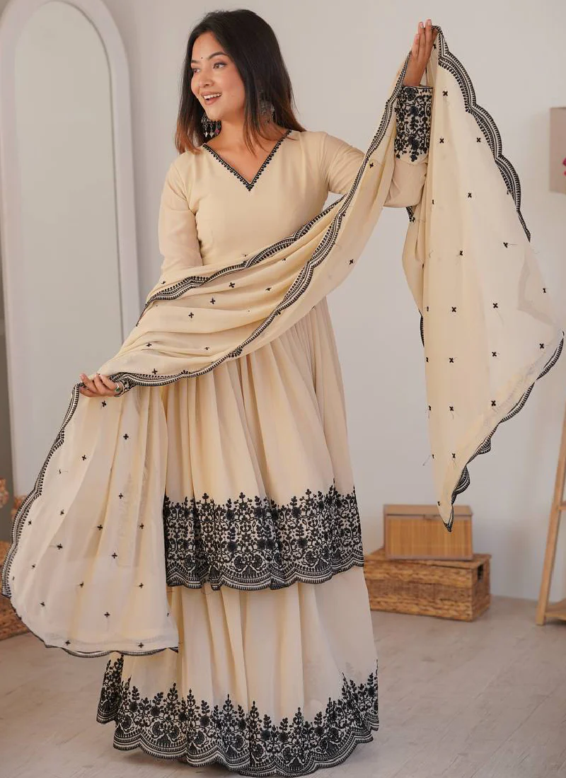 Designer Thread Embroidered Georgette Beige Sharara Suit For Wedding - Image 3