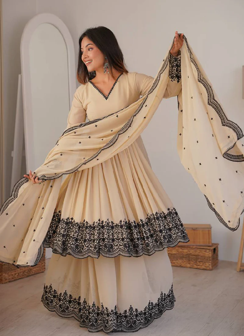 Designer Thread Embroidered Georgette Beige Sharara Suit For Wedding - Image 4