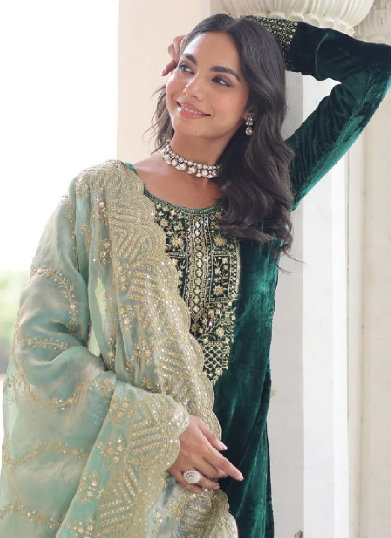 Embroidered Dark Green Velvet Pakistani Salwar Kameez With Dupatta Set - Image 3