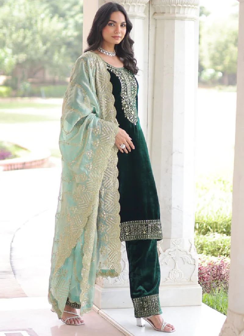 Embroidered Dark Green Velvet Pakistani Salwar Kameez With Dupatta Set - Image 8