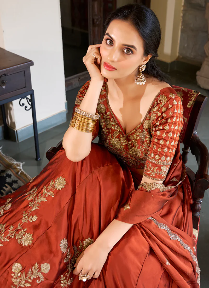 Fascinating Orange Thread Embroidered Silk Lehenga Choli For Wedding - Image 5