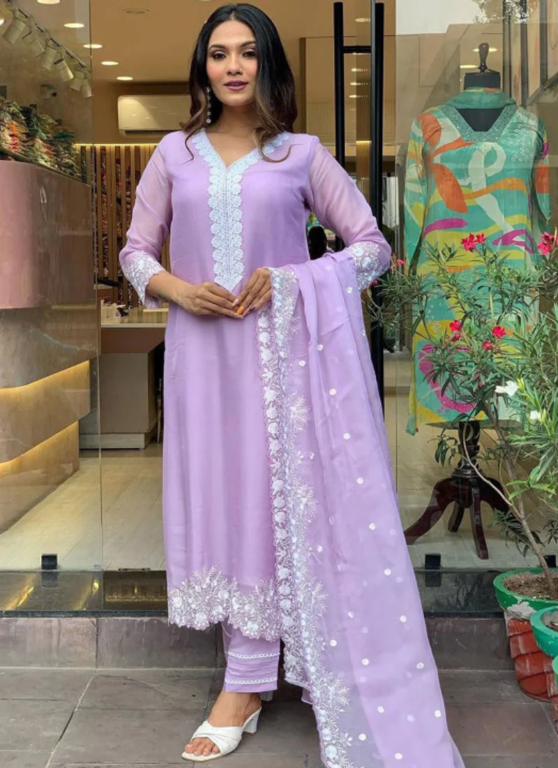 Floral Embroidered Lavender Georgette Kurti Bottom With Dupatta Set - Image 7