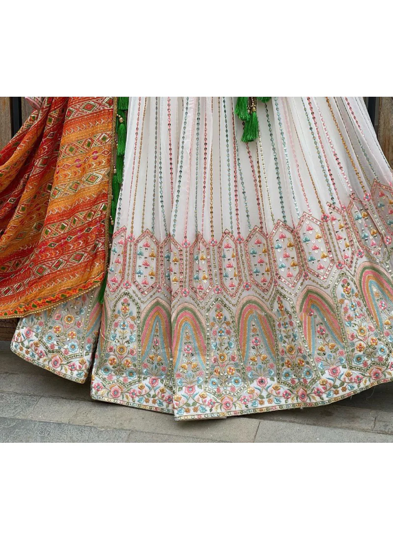 Georgette Multi Thread Work White Lehenga Choli For Occasions - Image 3