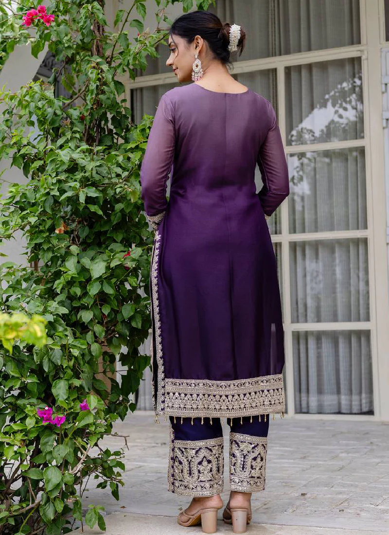Georgette Sequence Embroidered Purple Salwar Kameez With Dupatta - Image 5