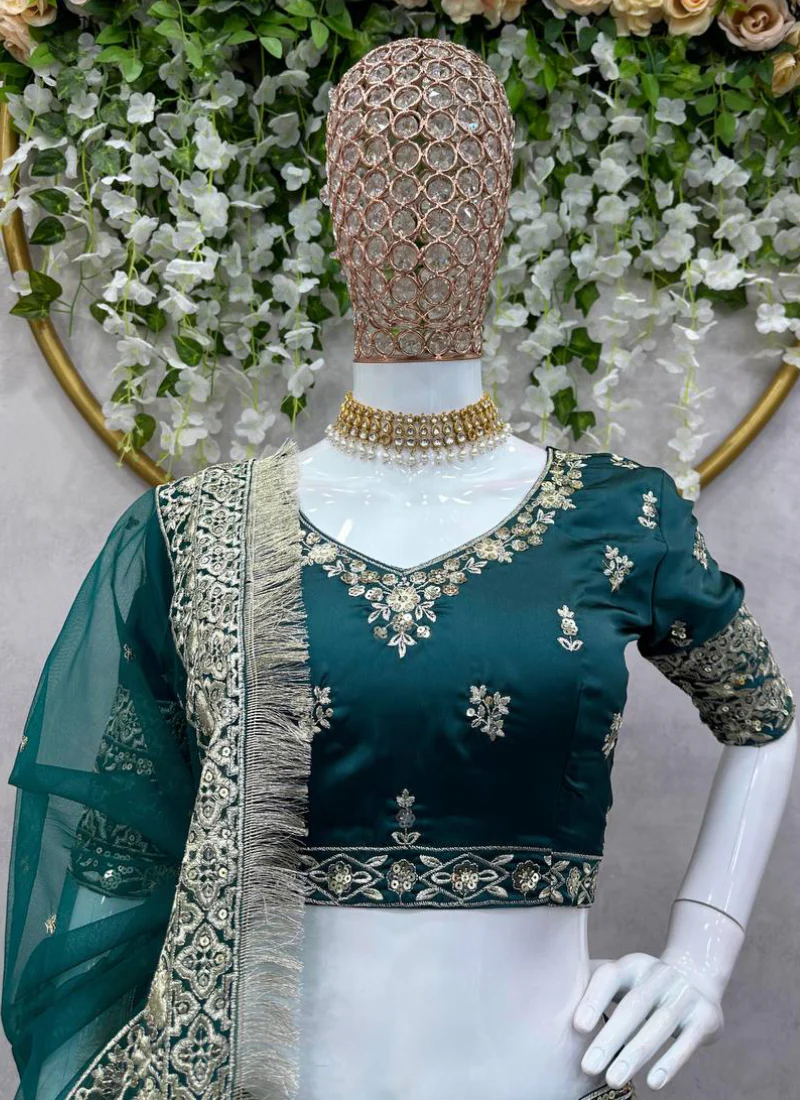 Heavy Embroidered Work French Crepe Green Bridal Lehenga Choli - Image 7