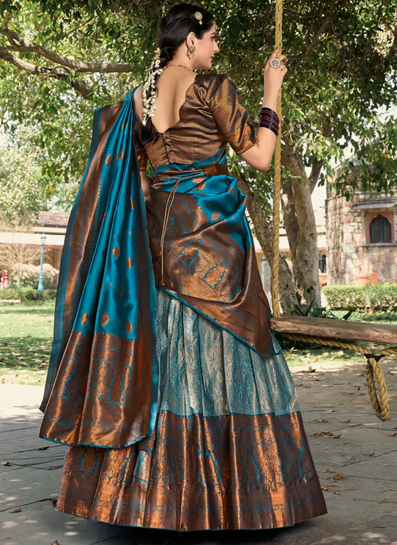 Jacquard Silk Zari Weaving Work Sky Blue Lehenga Choli With Dupatta - Image 3