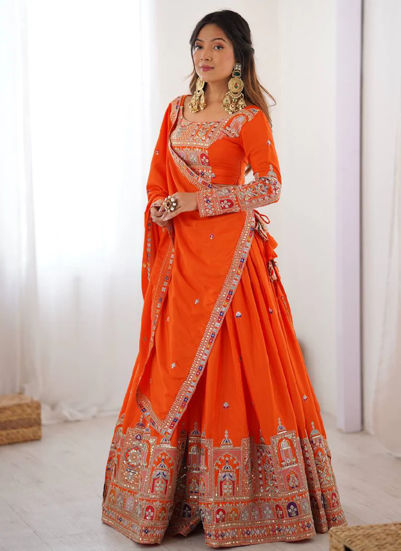 Latest Silk Sequence Embroidery Work Orange Lehenga Choli With Dupatta - Image 4