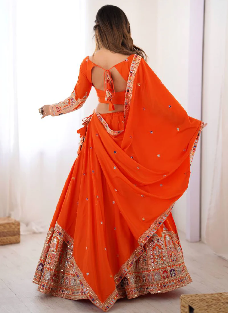 Latest Silk Sequence Embroidery Work Orange Lehenga Choli With Dupatta - Image 7