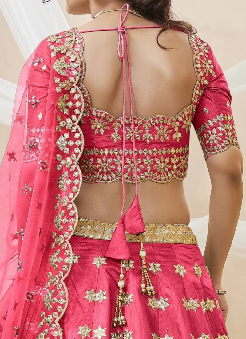 Latest Zari Embroidered Work Mulberry Silk Pink Lehenga Choli - Image 5