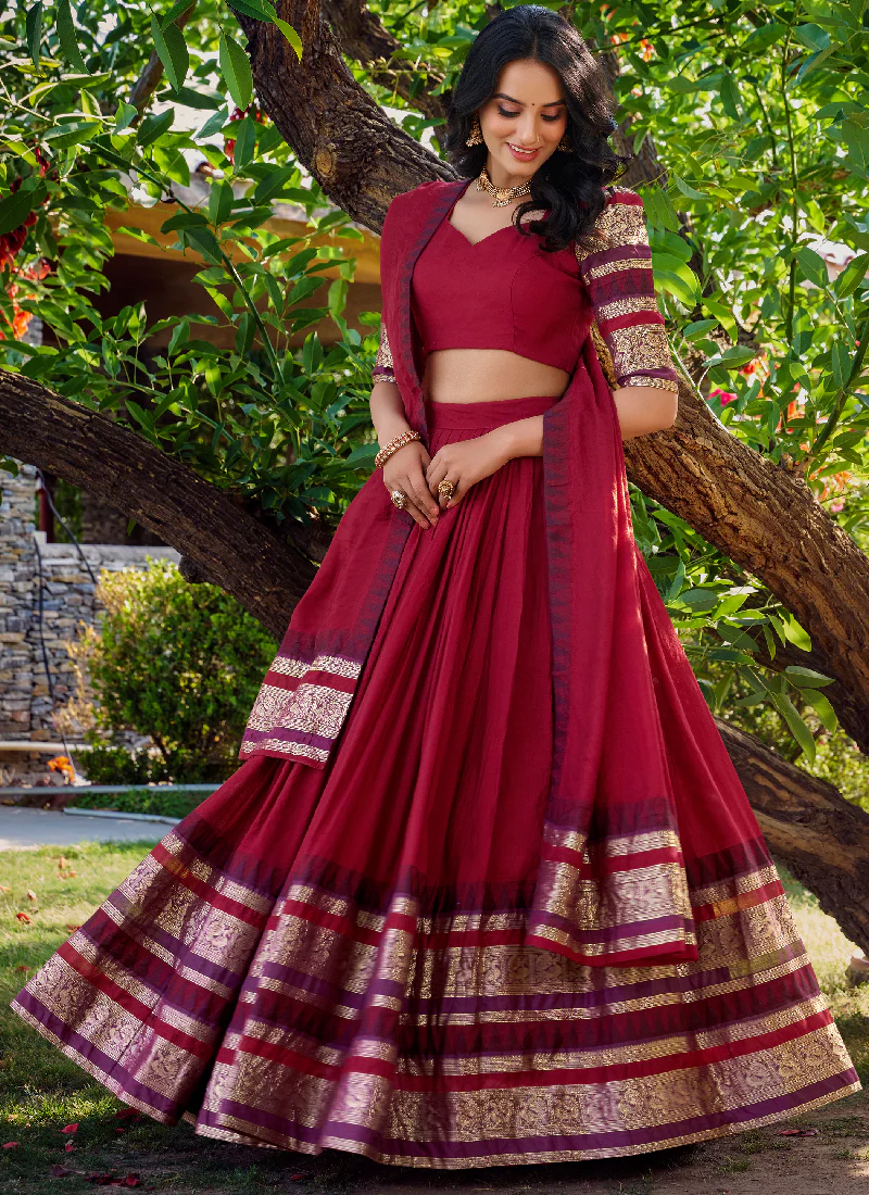 Maroon Zari Weaving Work Silk South Indian Style Half Saree Lehenga - Image 3