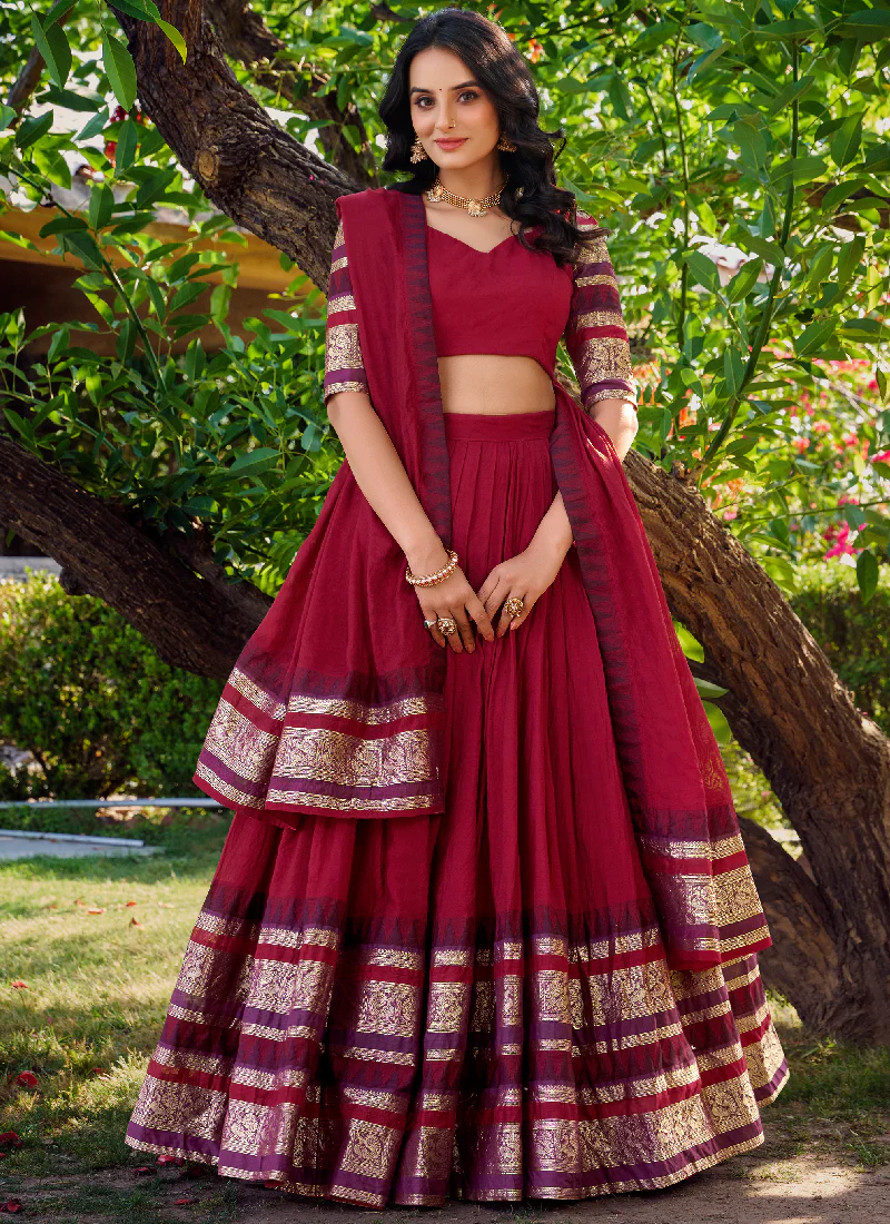 Maroon Zari Weaving Work Silk South Indian Style Half Saree Lehenga - Image 4