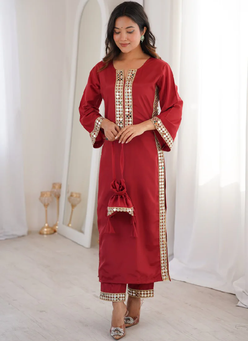 Mesmerizing Crepe Silk Maroon Real Mirror Lace Border Kurta Set - Image 3