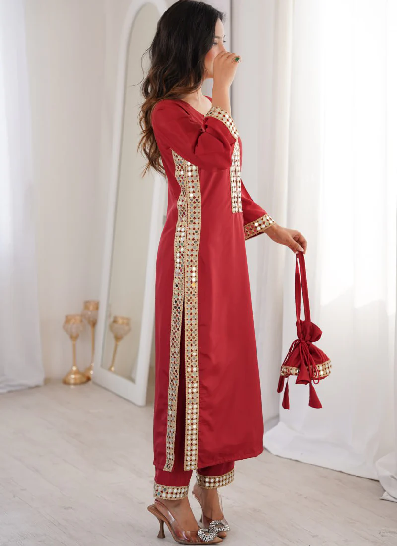 Mesmerizing Crepe Silk Maroon Real Mirror Lace Border Kurta Set - Image 4