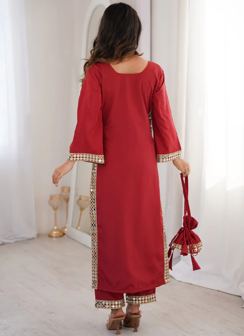 Mesmerizing Crepe Silk Maroon Real Mirror Lace Border Kurta Set - Image 5