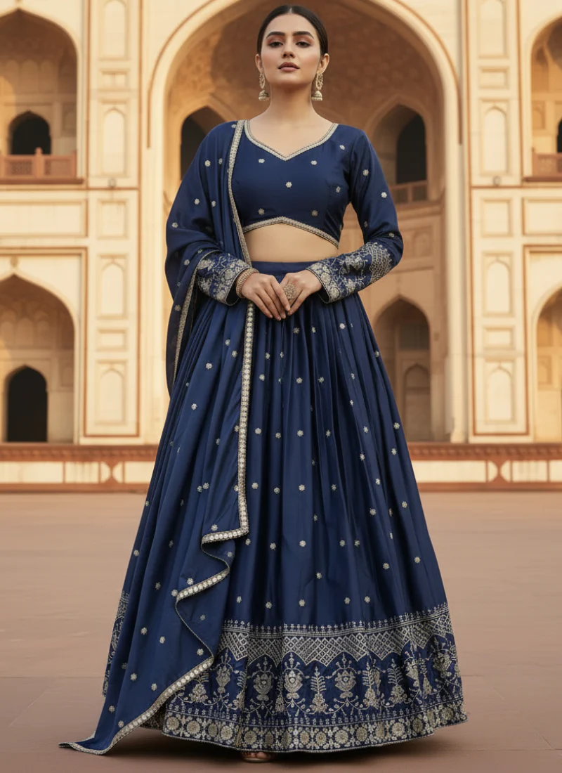 Navy Blue Japan satin Sequence Embroidered work Beautiful Lehenga Choli - Image 3