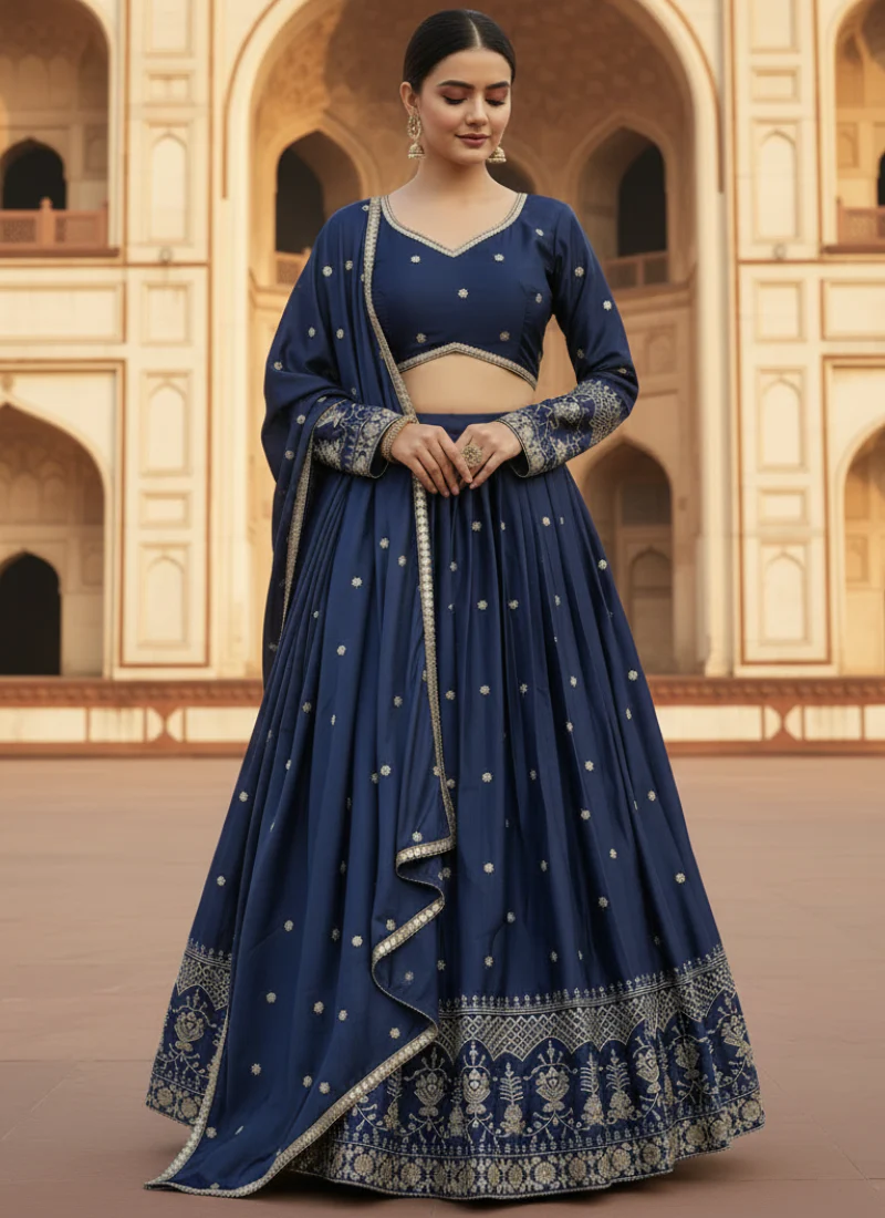 Navy Blue Japan satin Sequence Embroidered work Beautiful Lehenga Choli - Image 4