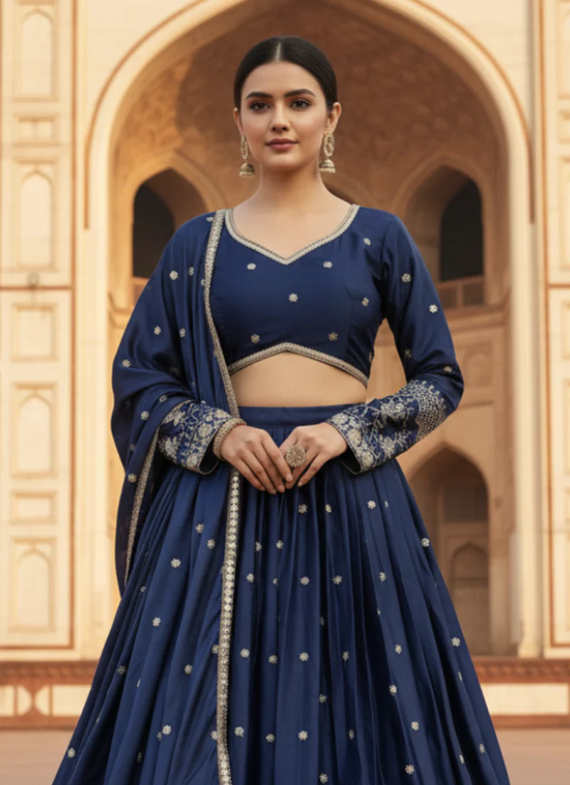 Navy Blue Japan satin Sequence Embroidered work Beautiful Lehenga Choli - Image 5