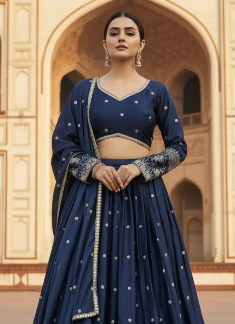 Navy Blue Japan satin Sequence Embroidered work Beautiful Lehenga Choli - Image 6