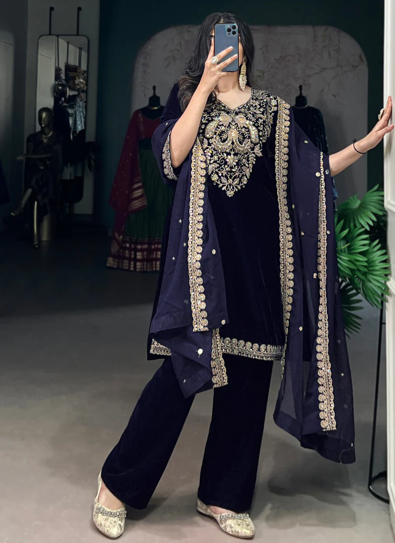 Navy Blue Sequence Embroidery Velvet Ready To Wear Kurta Pant Dupatta - Image 3
