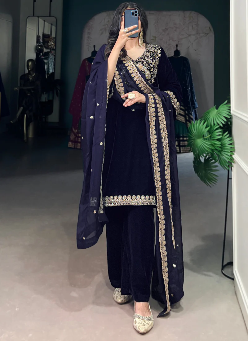 Navy Blue Sequence Embroidery Velvet Ready To Wear Kurta Pant Dupatta - Image 4