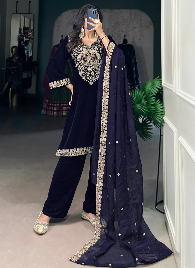 Navy Blue Sequence Embroidery Velvet Ready To Wear Kurta Pant Dupatta - Image 5