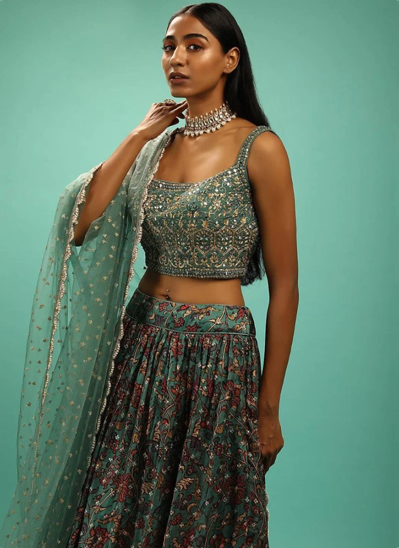 Party Wear Chinon Silk Green Designer Lehenga Choli - Image 4