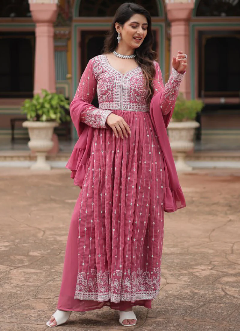 Prettiest Thread Embroidered Georgette Pink Plazzo Suit With Dupatta - Image 5