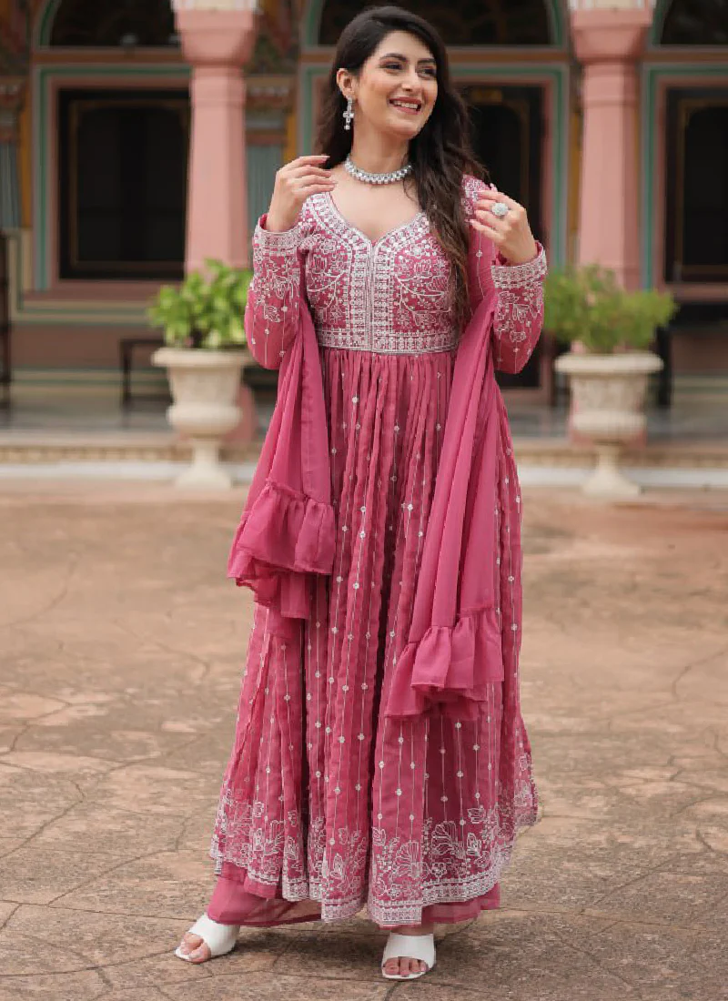 Prettiest Thread Embroidered Georgette Pink Plazzo Suit With Dupatta - Image 6