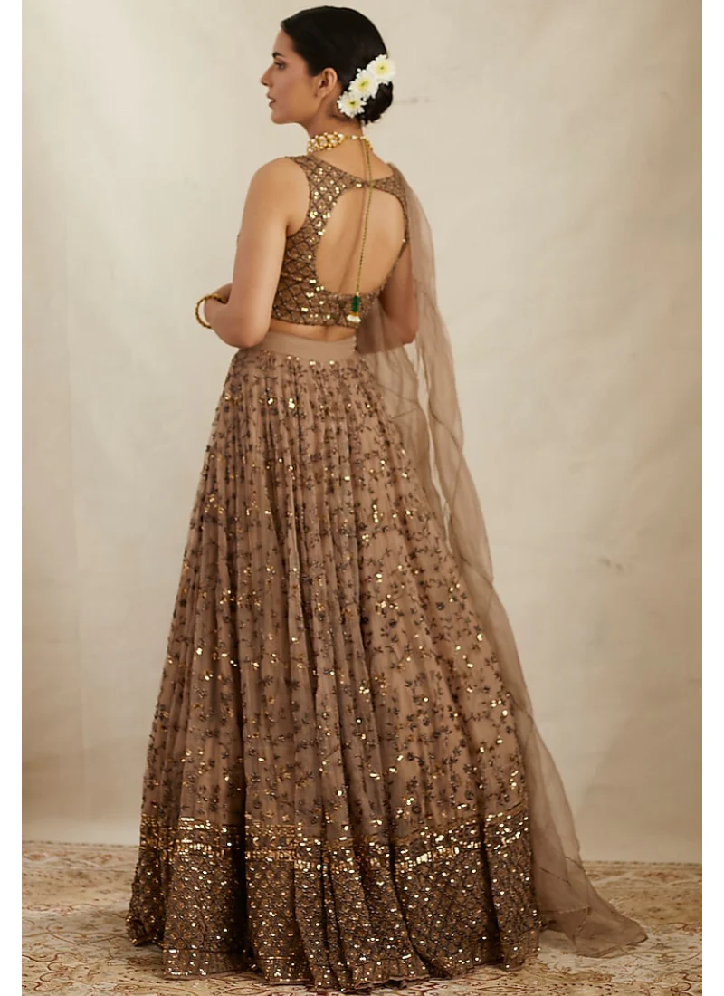 Pretty Soft Net Sequence Zari Embroidery Work Brown Lehenga - Image 5