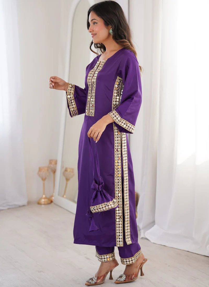 Purple Crepe Silk Real Mirror Lace Border Kurta Pant With Batwa Potli - Image 3