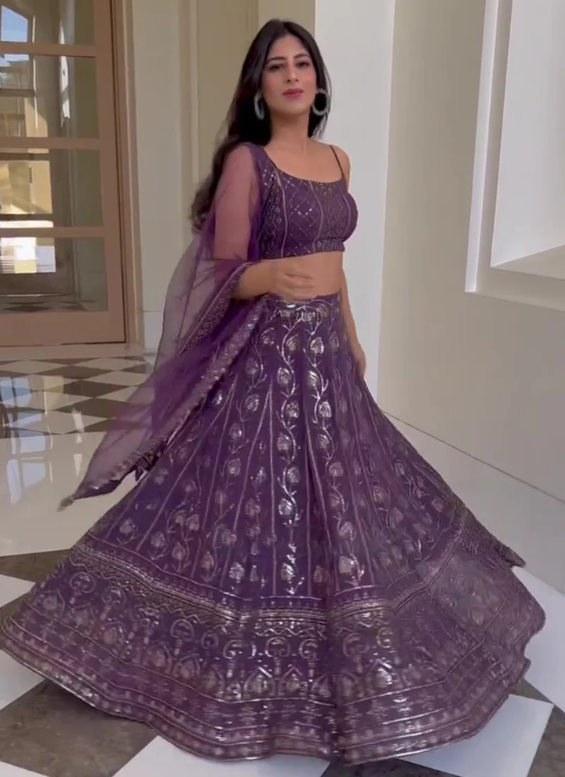 Purple Sequence Embroidered Work Georgette Lehenga Choli - Image 4