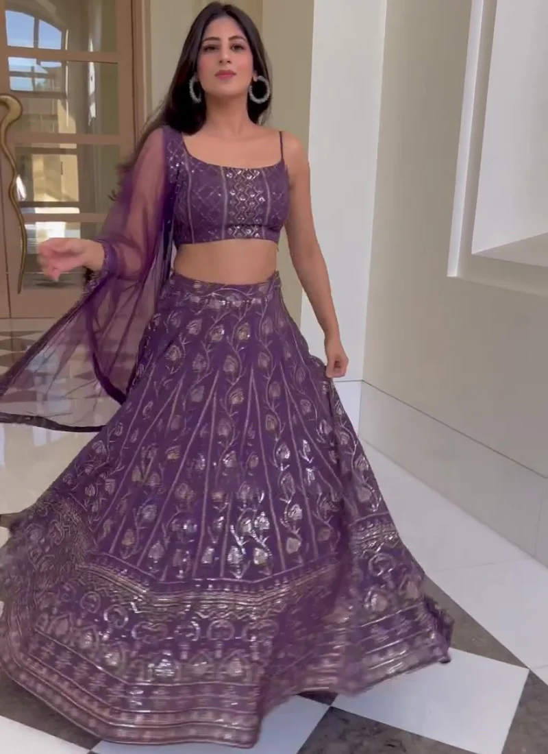 Purple Sequence Embroidered Work Georgette Lehenga Choli - Image 6
