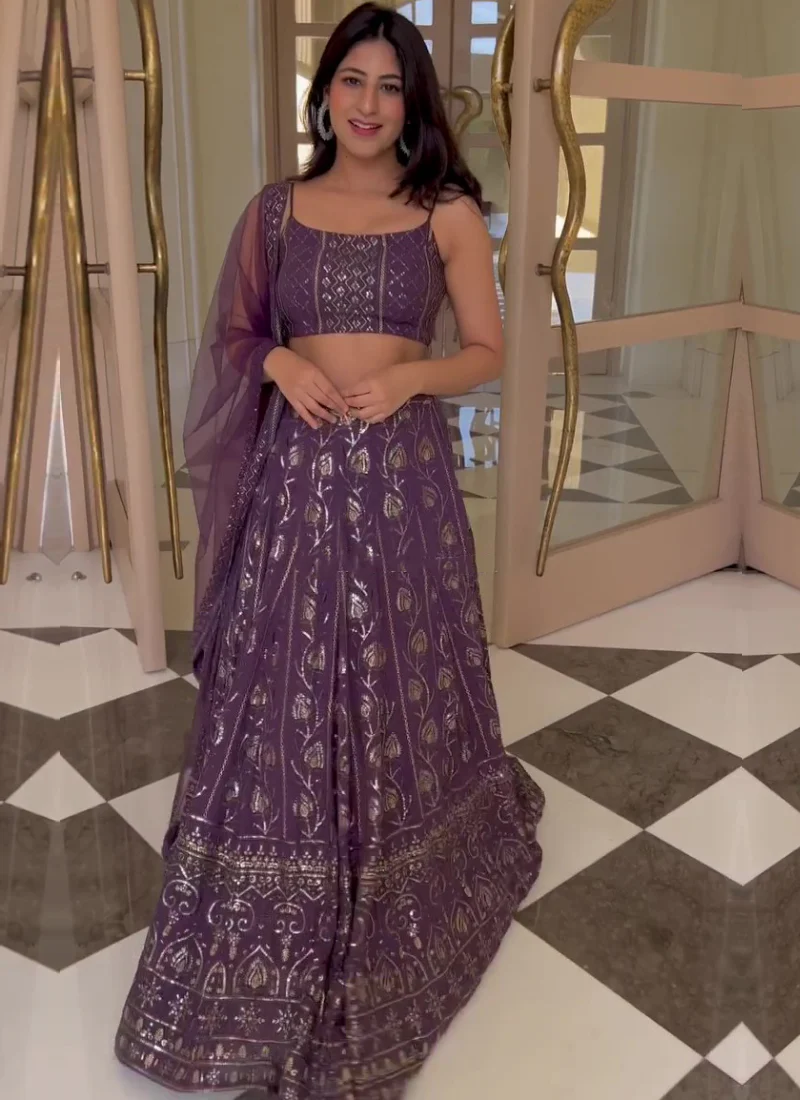 Purple Sequence Embroidered Work Georgette Lehenga Choli - Image 8