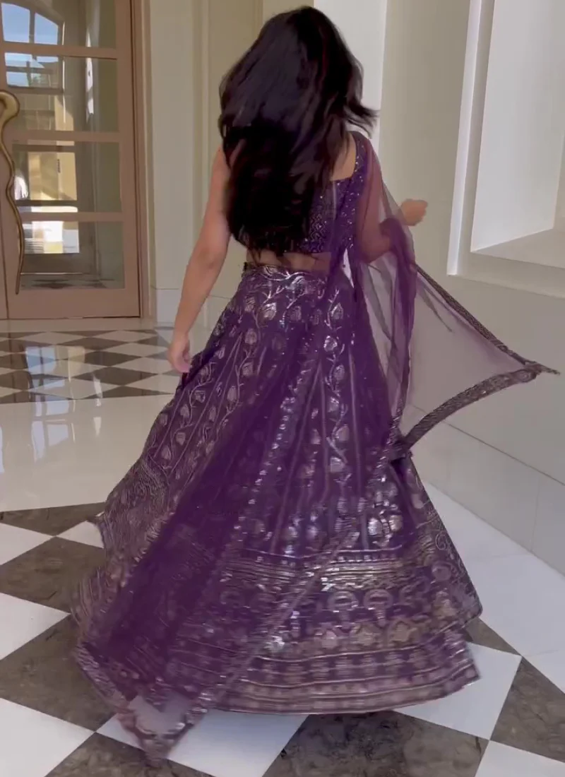 Purple Sequence Embroidered Work Georgette Lehenga Choli - Image 9