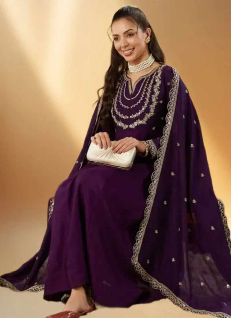 Ready To Wear Purple Zari Embroidered Anarkali Trousers With Dupatta - Image 3
