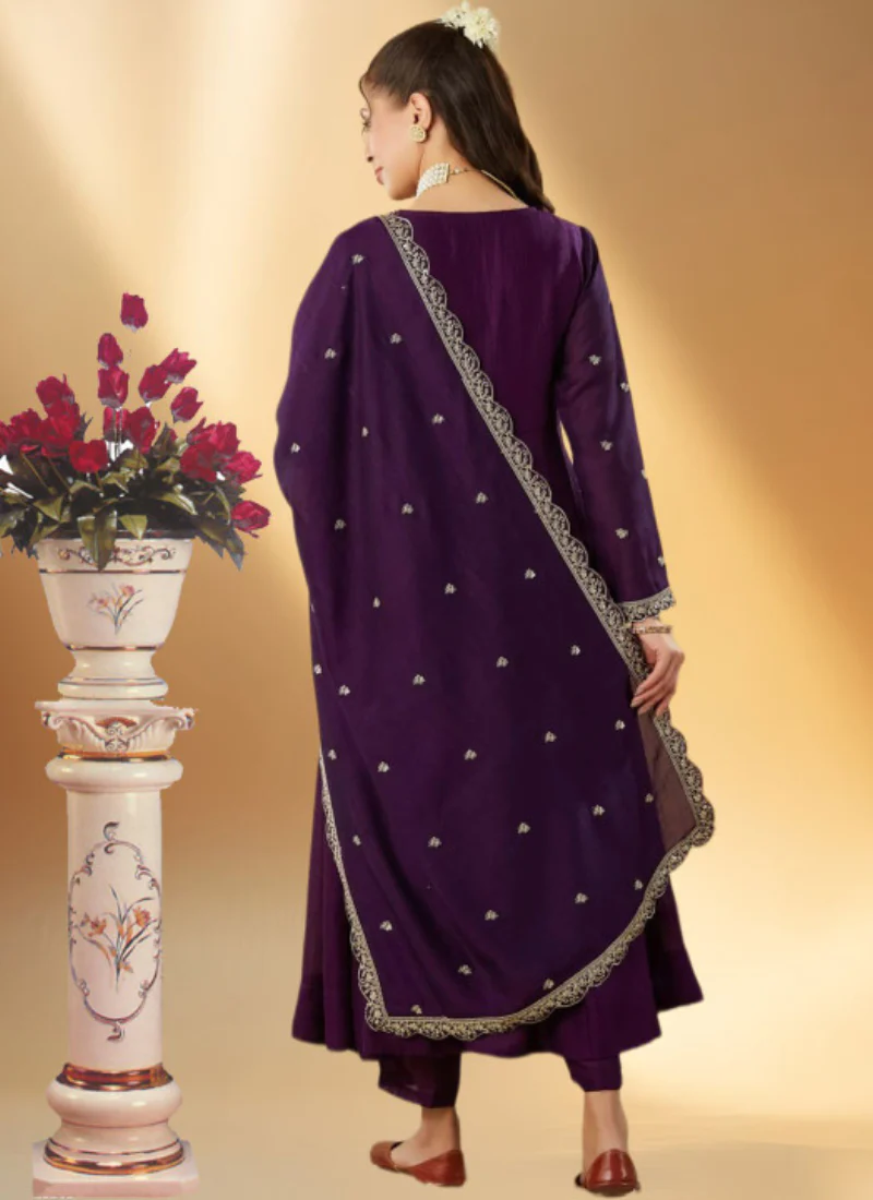 Ready To Wear Purple Zari Embroidered Anarkali Trousers With Dupatta - Image 4